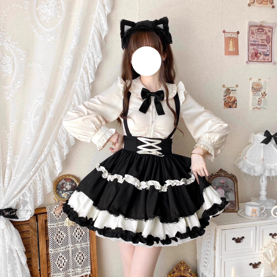 ゆめかわ　参戦服　サブカル　ゴスロリ　ねこみみ　オープンショルダートップス 黑 ゴスロリ通販 With U ゆめかわ ブラウス 原宿ファッション かわいい