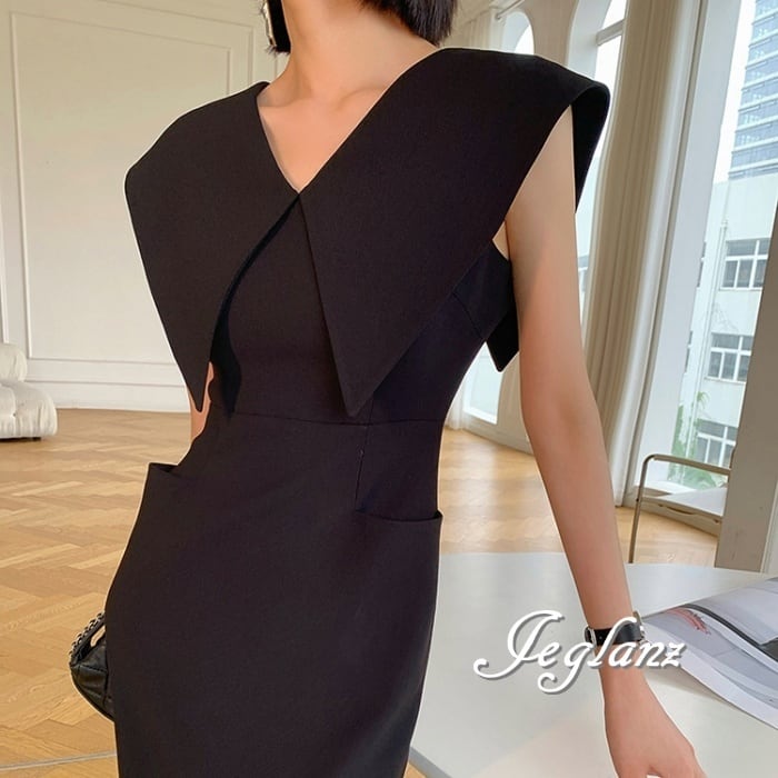 2色 ワンピース ドレス ノースリーブ ビックカラー タイト 2色 ワンピース ドレス ノースリーブ ビックカラー タイト