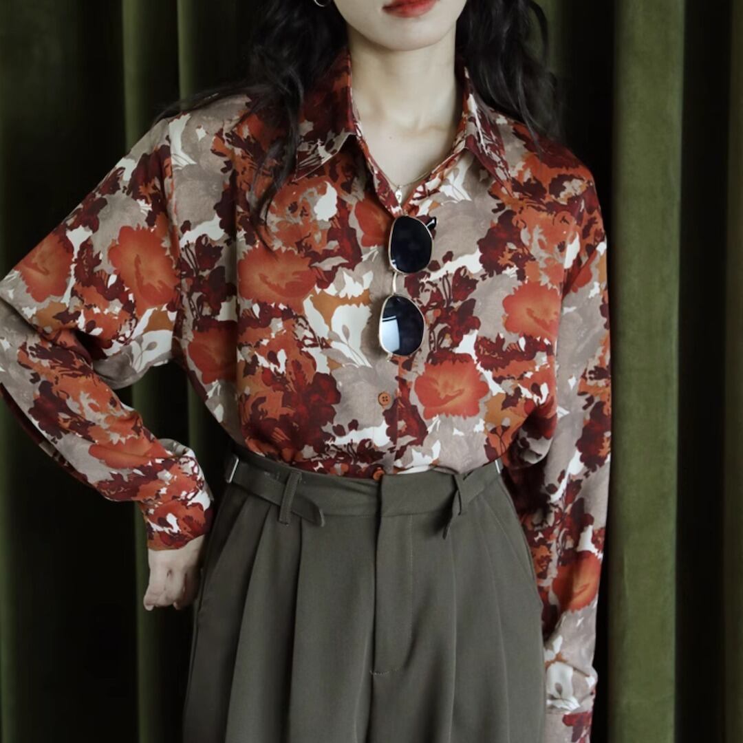 柄シャツ 長袖 レトロ 花柄 シフォン生地 オレンジ [A1573] | mirucop 
