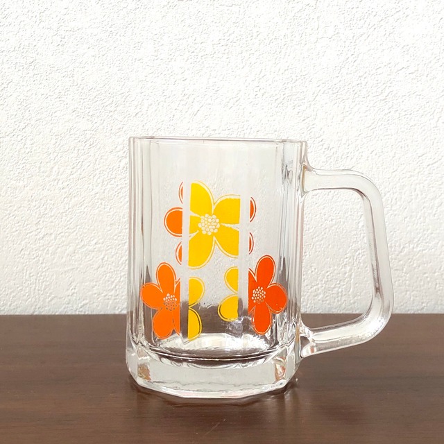 黄×オレンジ花柄のガラスミニジョッキ