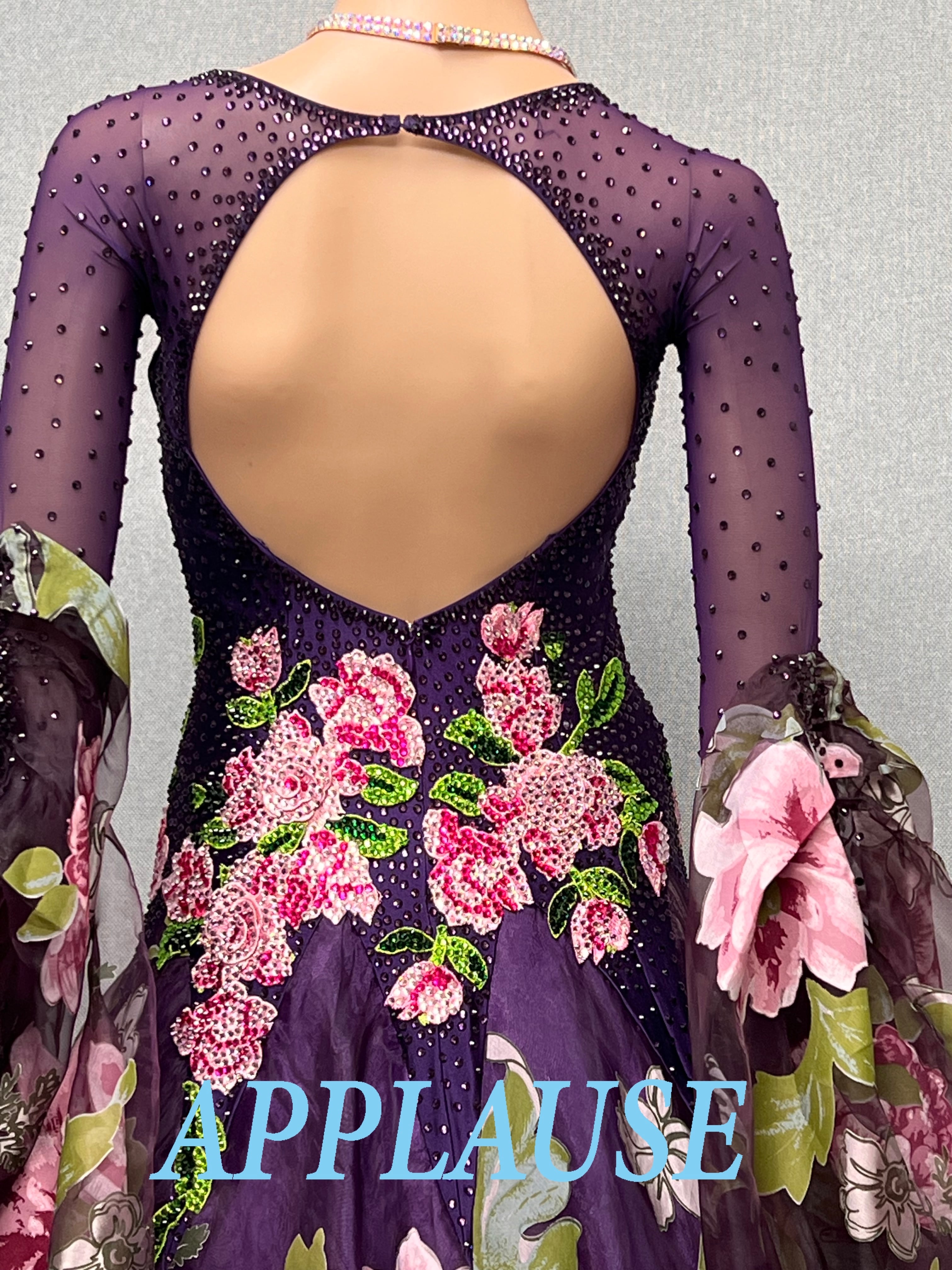 【新着】社交ダンス ドレス　スタンダード　モダンドレス　パープル(花柄）　M   ST-26-14  デモ・競技用ドレス　発表会衣装　パーティドレス　ワンピース　舞台衣装