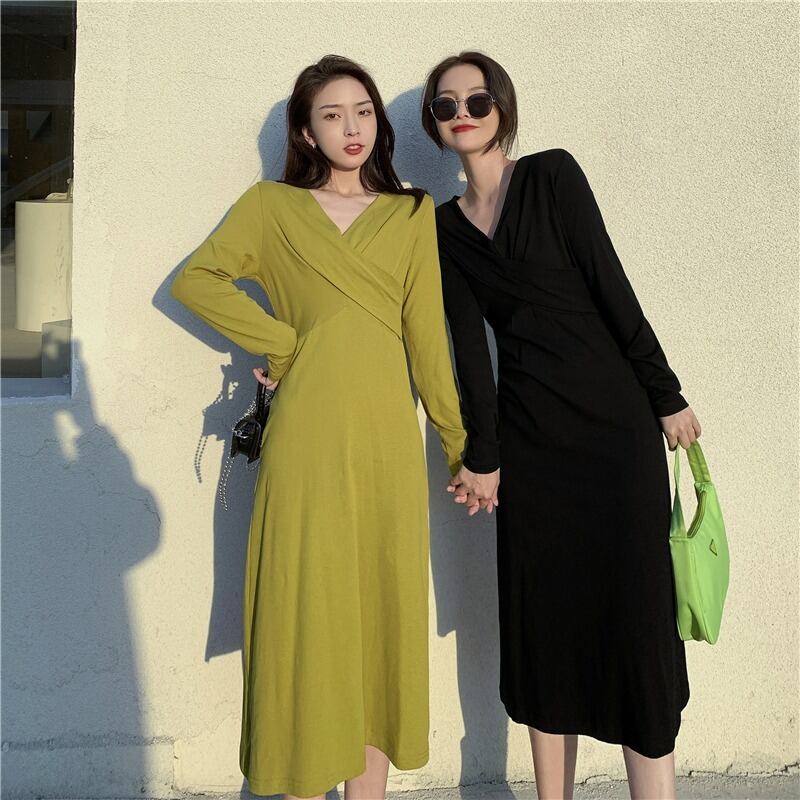 スリムニットスカート スプリングスタイルロング長袖スリーブVネックドレス 春物 YY-ファッション78438647670