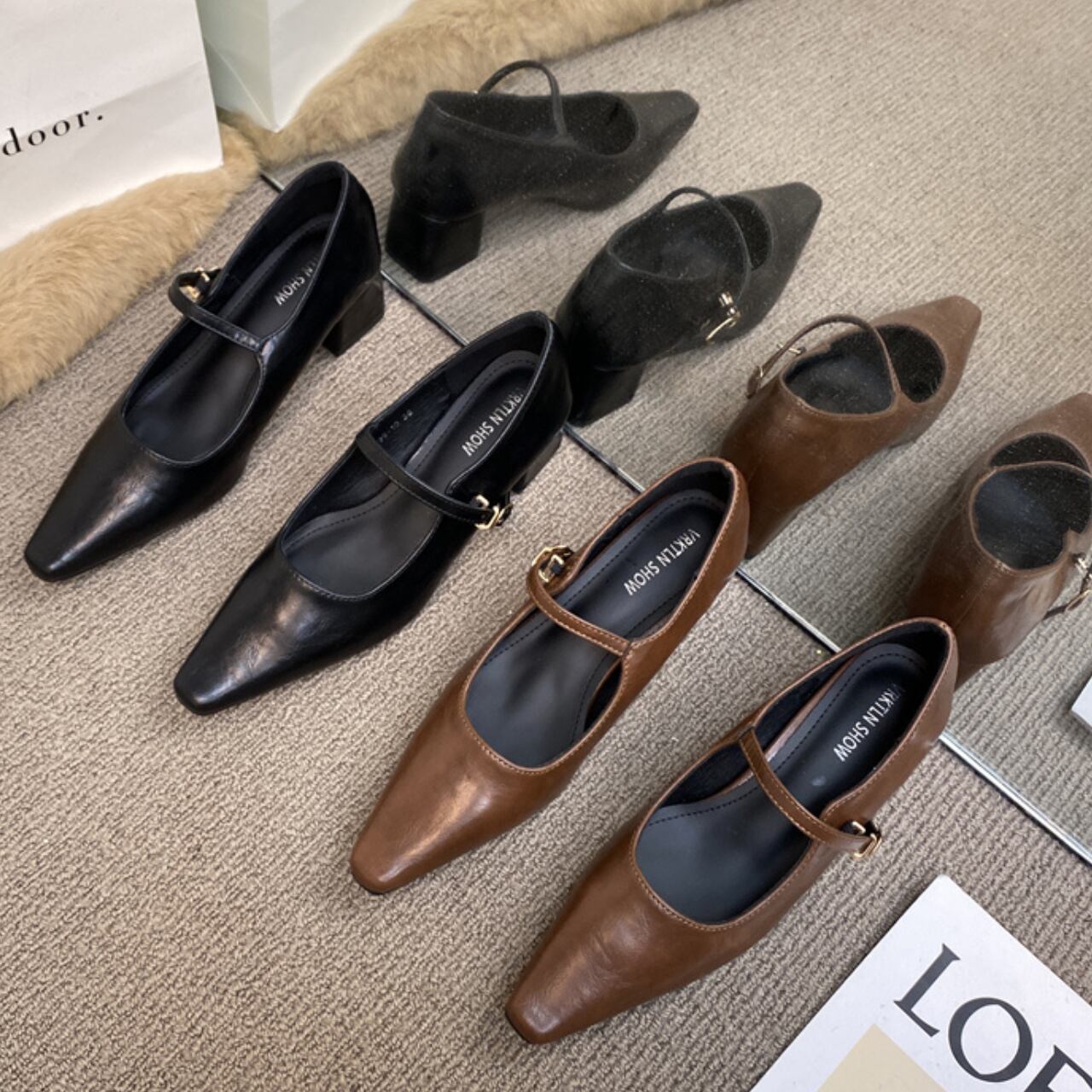 メリージェーンスクエアヒールパンプス a0260