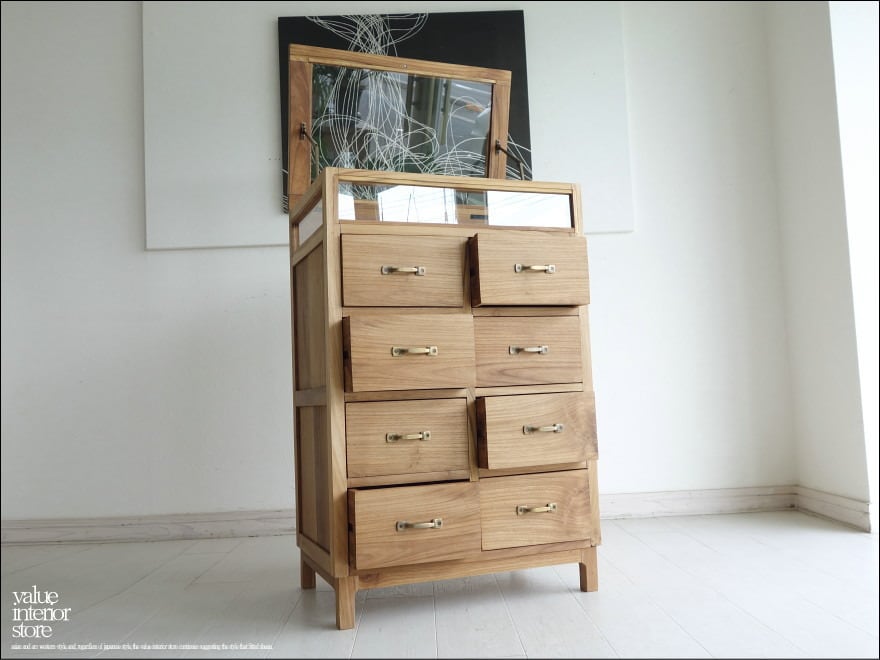 チーク無垢材 ショーケース付チェストN 整理タンス ナチュラル 箪笥 ガラスケース 収納 引出し八杯 真鍮金物 銘木家具 idachest