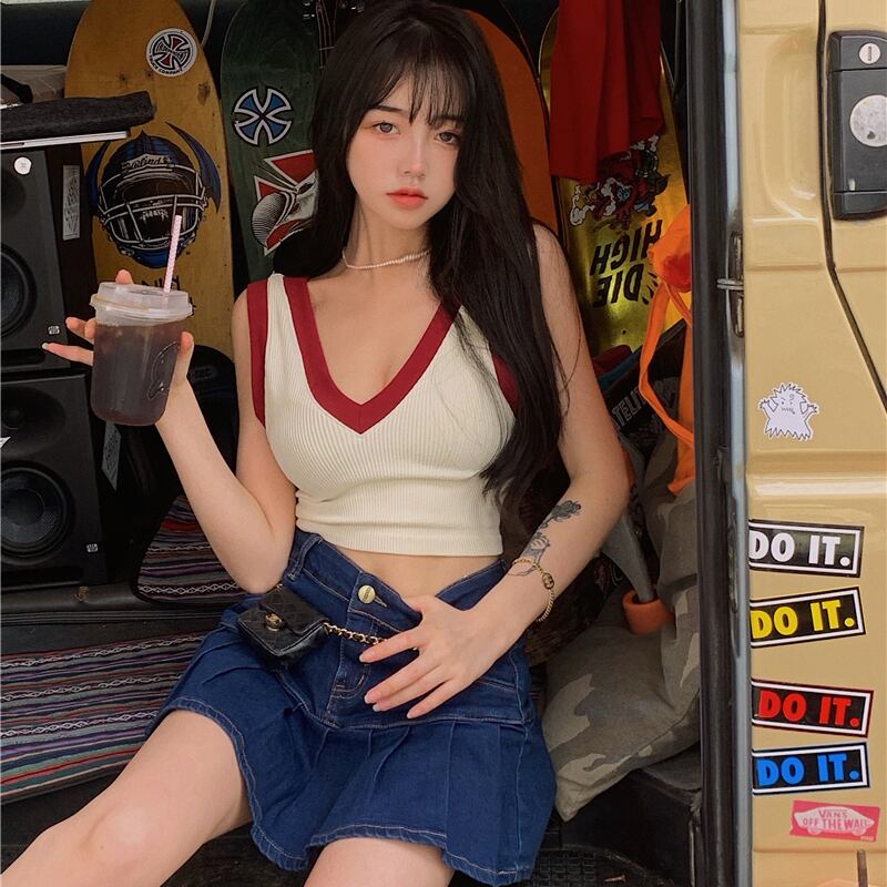 Vネックショートレディースサマースタイルブループリーツスカート コットン 大人ガーリー スウィート キュート カジュアル 夏物 ドラファッションホール15849498178