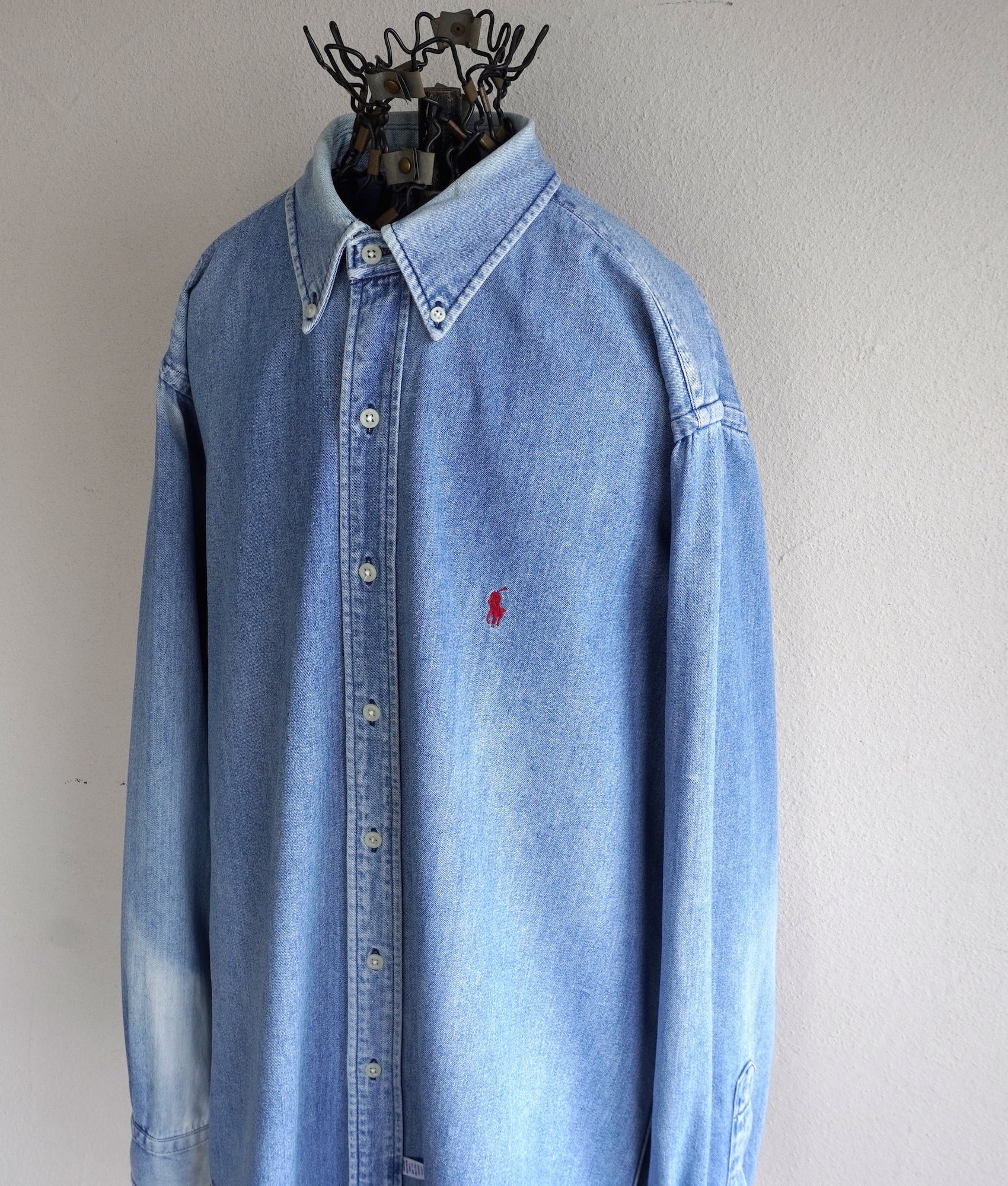 Ralph Lauren デニムシャツ L 刺繍ロゴ フェード ボタンダウン 1990's [Ralph Lauren] フェード L/S ボタンダウン デニムシャツ