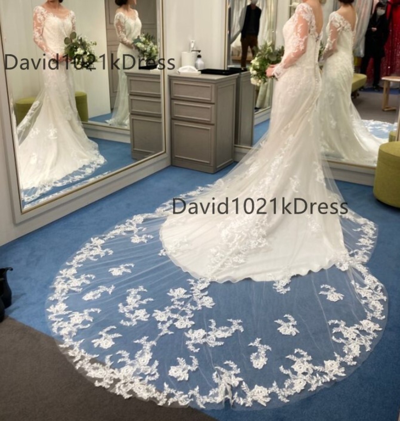 ウェディングドレス 高級3D立体レース刺繍 長袖 トレーン 撮り 花嫁  