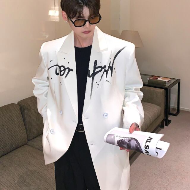 【予約販売】ジャケット 無地 グラフィティ 落書き モード メンズ ブラック ホワイト ドレスアップ シック 結婚式 パーティー こなれ感 お洒落 韓国 トレンド M/L/XL