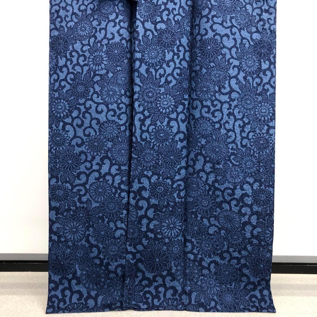 単衣 小紋 型染 菊の花 唐草模様 藍御納戸色 K-3619 単衣 小紋 型染 菊の花 唐草模様 藍御納戸色 K-3619