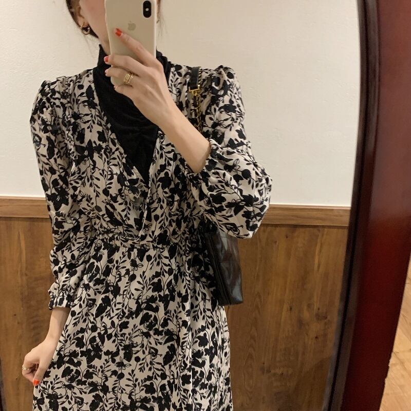 カラーフローラルスカート オータムウィンターロングレディース 秋物 冬物 花柄 ステッチ ビッグFスモールZ韓国91399694073