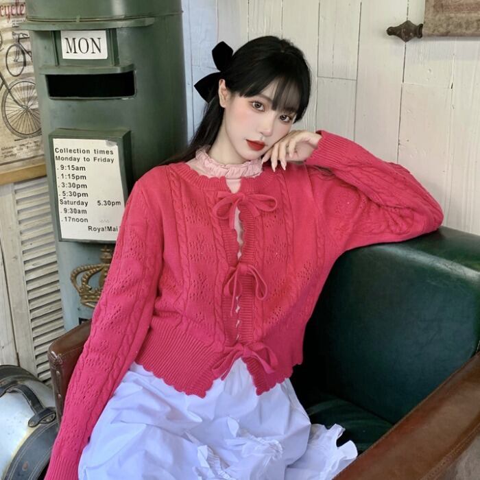 レディーススプリングスタイルニットカーディガンソリッド カラーシャツ フローラルスカート リボン 春物 花柄 ソリッドカラー ドラファッションホール72183969069