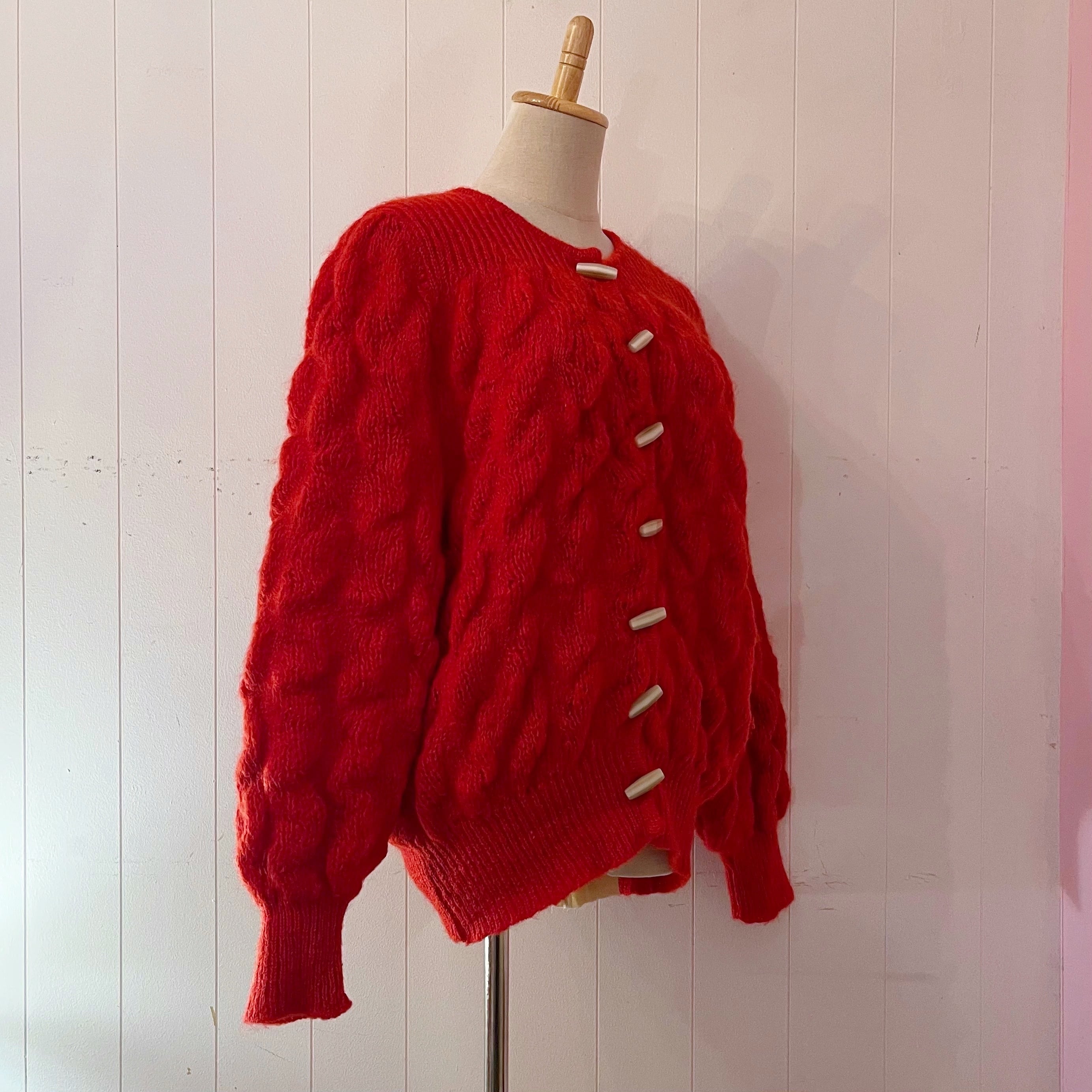 toggle button red cable knit cardigan
