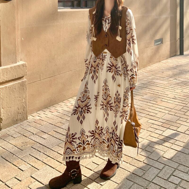 Boho Print Fringe Maxi Dress S0120