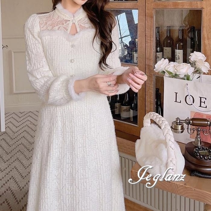 パーティ ニット ワンピース フェザードレス 刺繍 レース(MB275)ζ