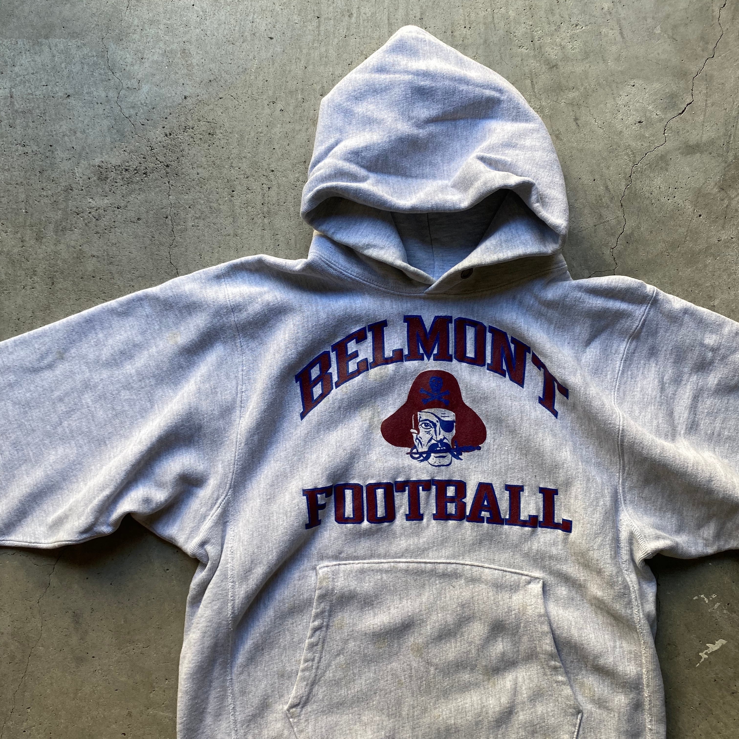 90年代 刺繍タグ Champion チャンピオン REVERSE WEAVE リバースウィーブ BELMONT FOOTBALL 3段プリント  スウェットパーカー ヴィンテージ ライトグレー オートミール 灰色 メンズL 古着 【スウェット】 | cave 古着屋【公式】古着通販サイト