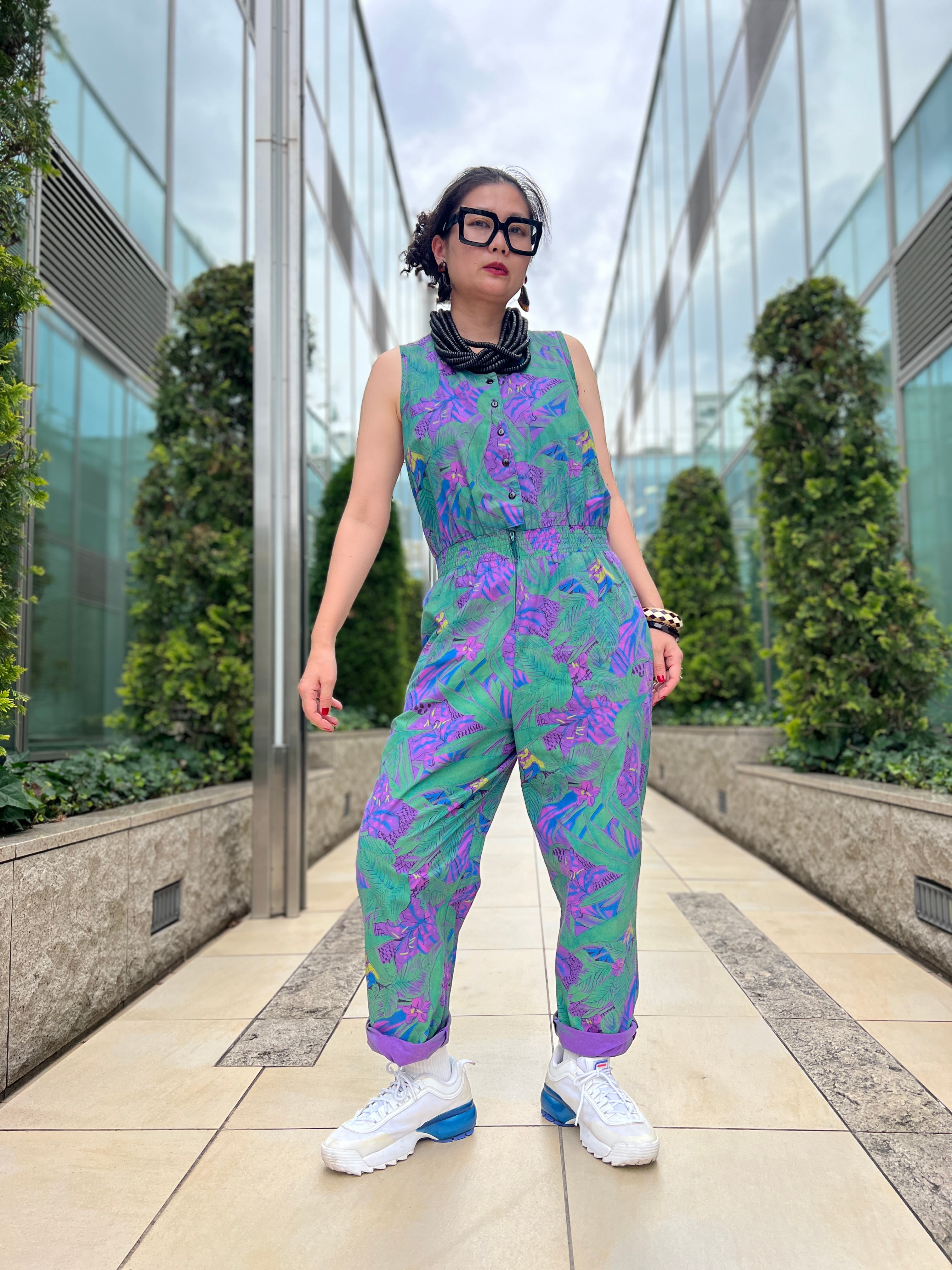 80s U.S.A tropical print sleeveless cotton jumpsuits