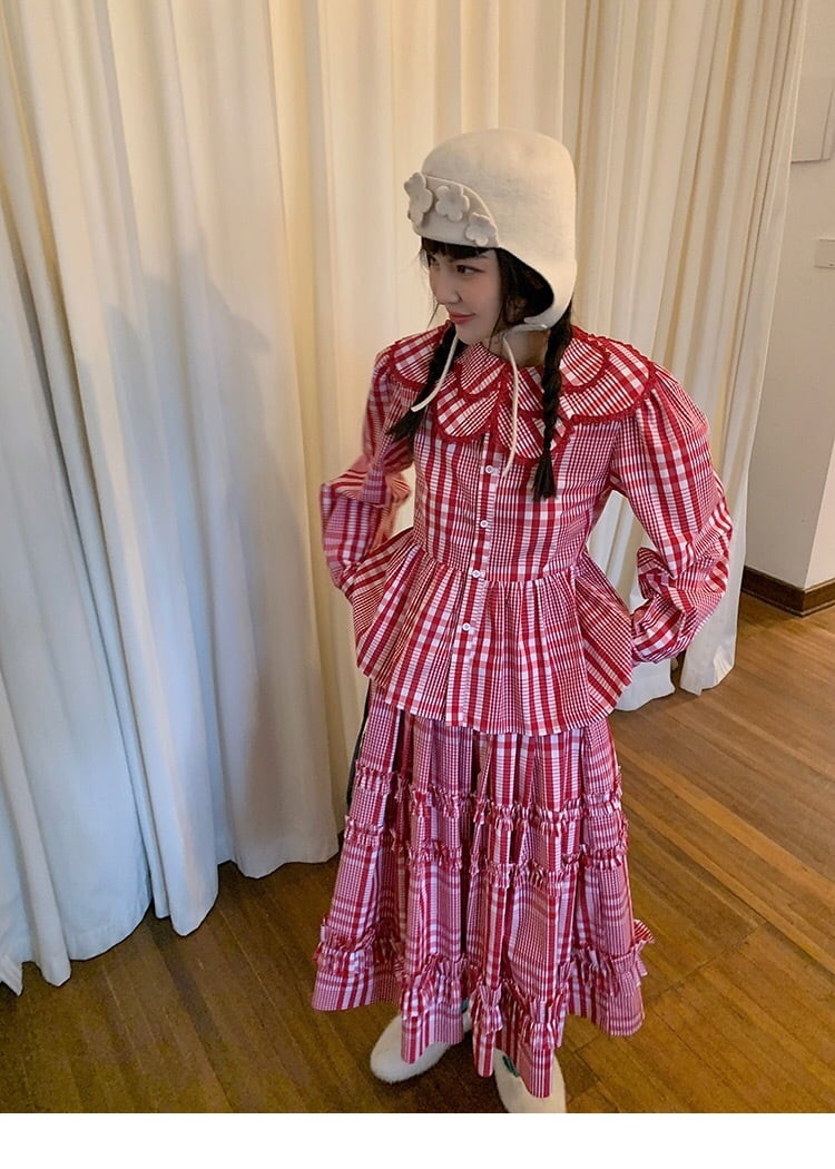 セットアップ】ワンピース 赤 チェック ブラウス スカート
