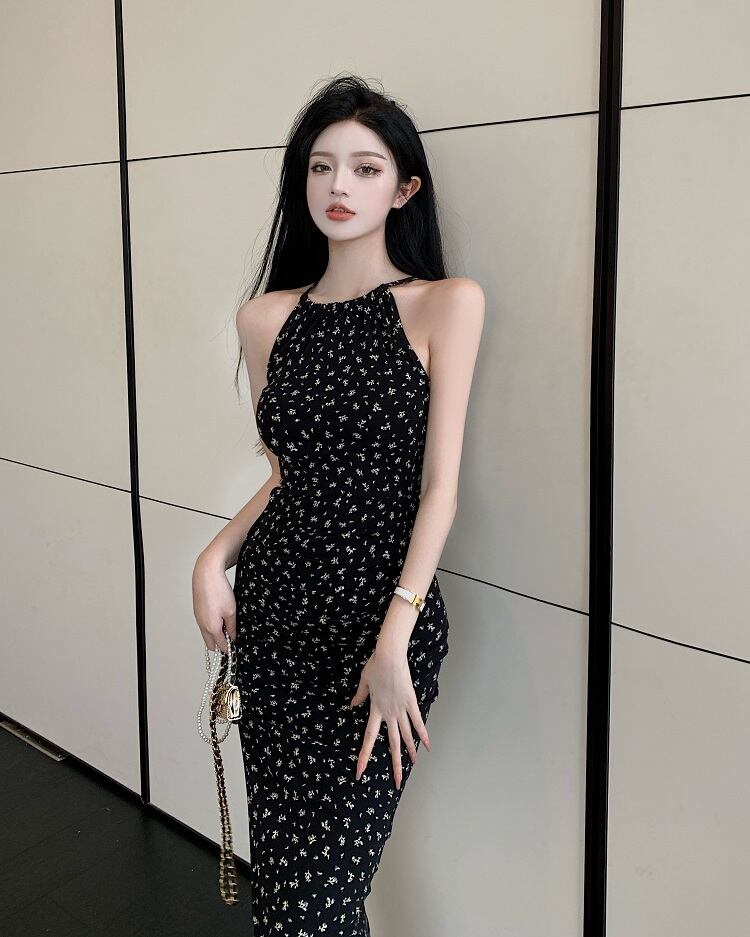 スタンダードフローラルドレス サマースカート ウェスト レトロ 夏物 花柄 ブラックストロベリース10759947646