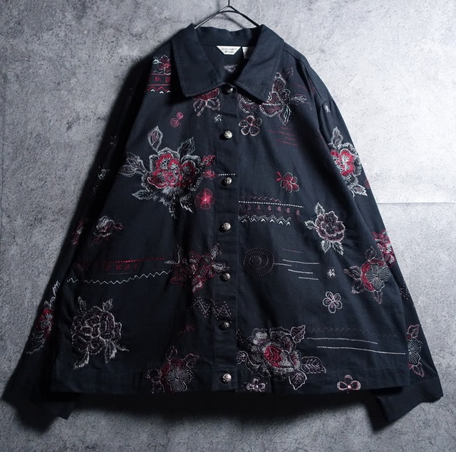 Black Various Flower & Geometric Motifs Embroidered Design Jacket