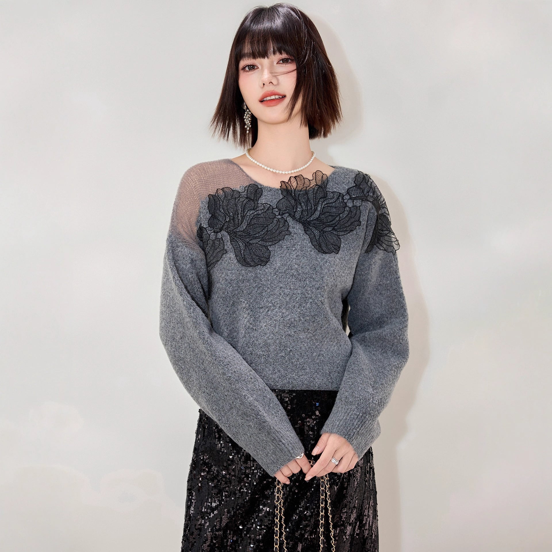 tops】レーストリミングニットプルオーバー N3315 | nanastyle