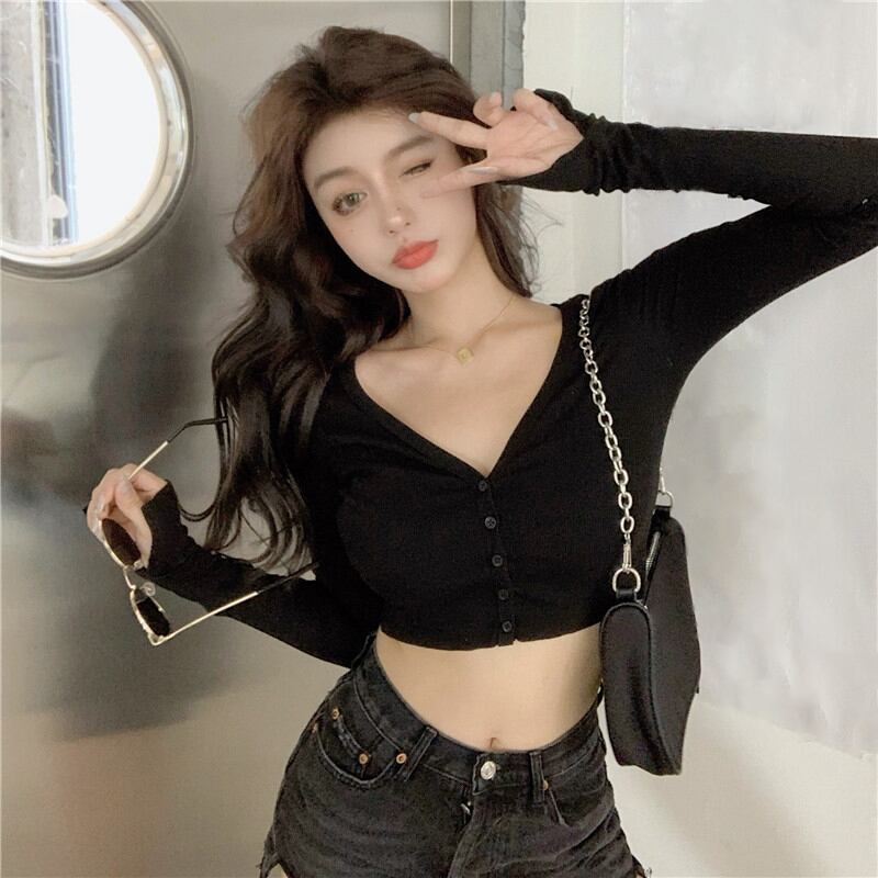 薄いエアコン付きVネックブラックカーディガンレディースサマースリム長袖セーター2020新しいアウターショートトップ ブラックストロベリース27411711674