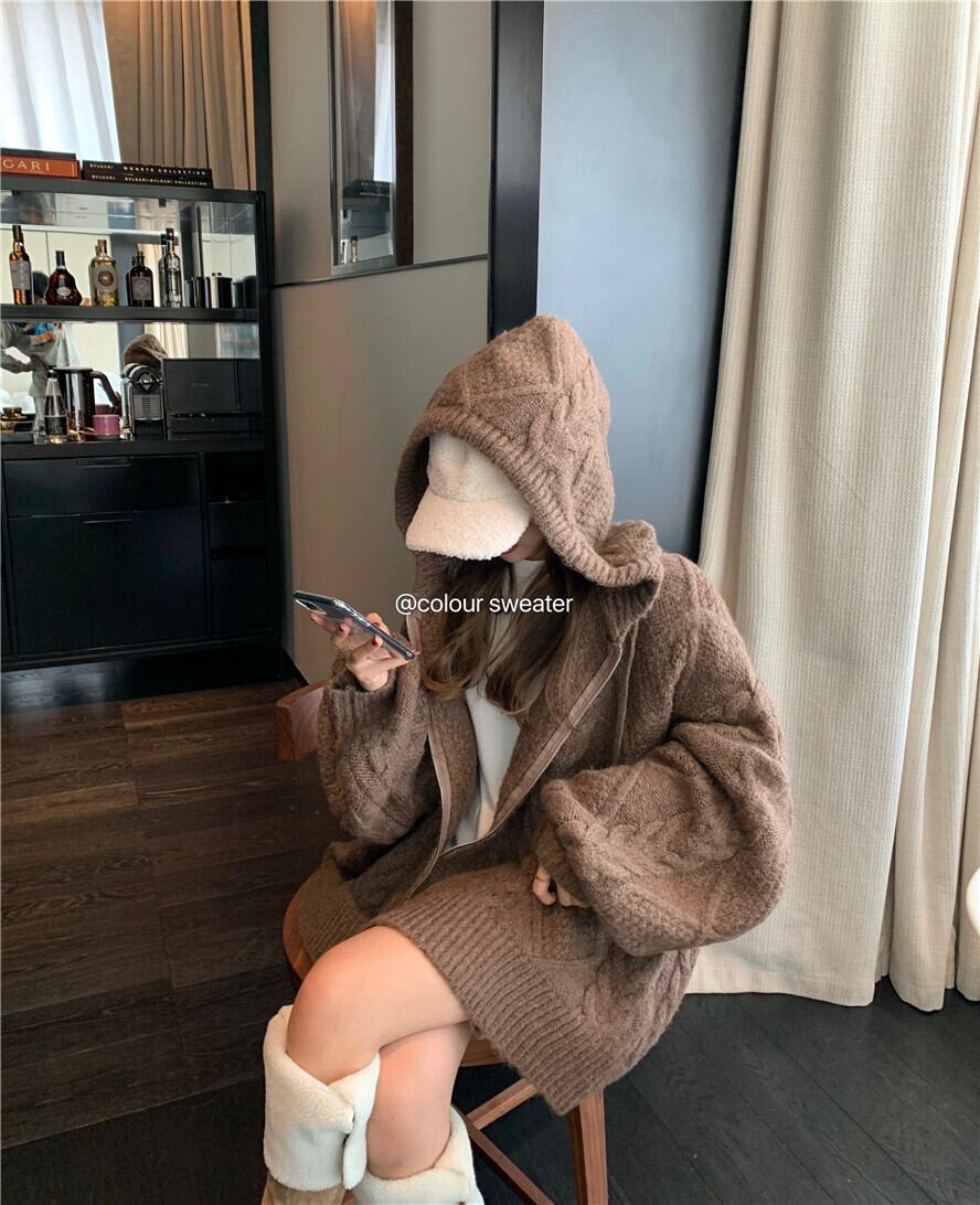 ツイストヘビーインダストリーセーターコート女性秋冬新スタイルレイジースタイルルーズフード長袖ニットカーディガントップス ブラックストロベリース10351973303