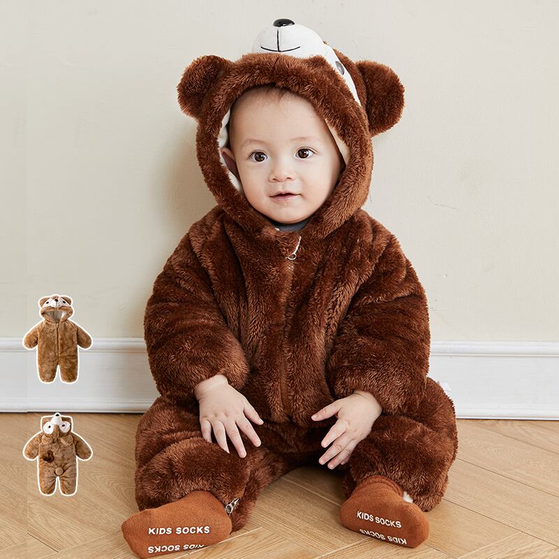 ベビーカートゥーンプラスフリースフード付きキュートなロンパース新生児の暖かさを増すワンピースネットレッド超かわいい服冬服 Duduベイビー34407273810