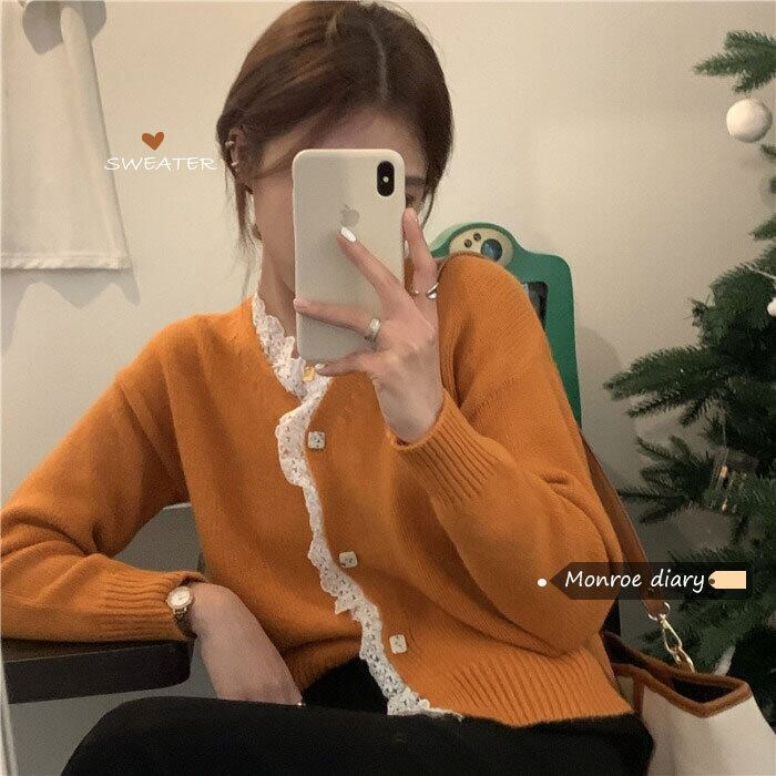 Vネックセーター カーディガンシャツ ショートトップス レースニットコート ウィンター 冬物 モンロー91996957008