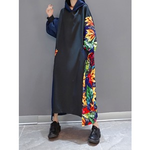 HOOODED A-LINE DESIGN LONG PULLOVER DRESS 1color M-4032