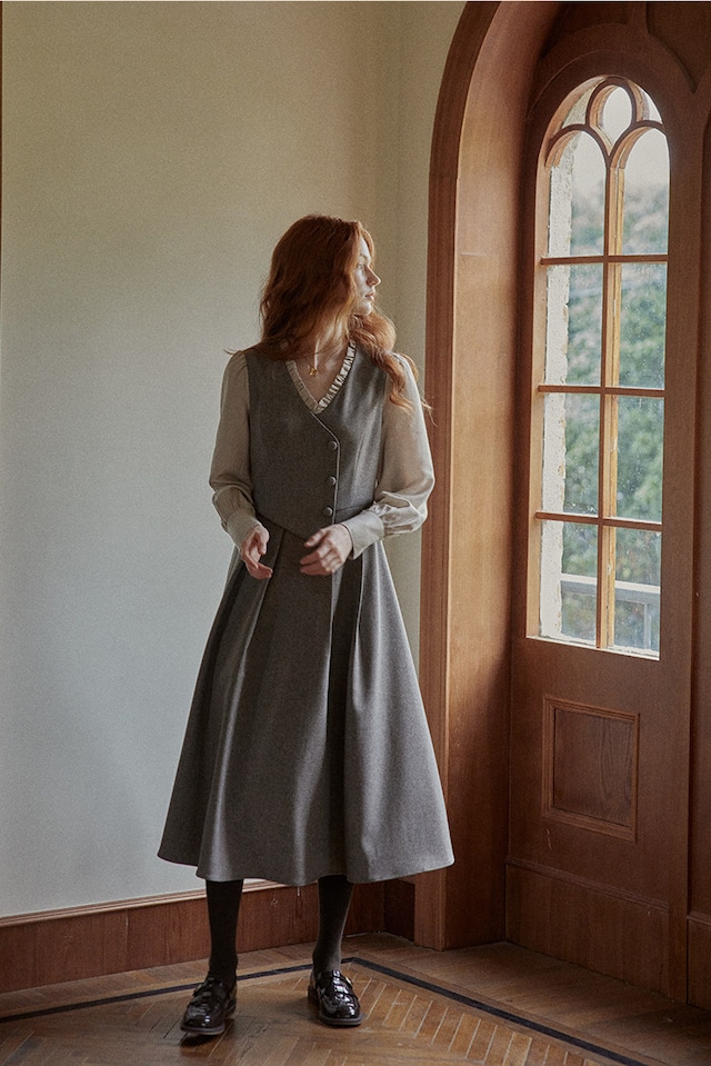 【M0143】Gray Faux Two-Piece Shirt Dress