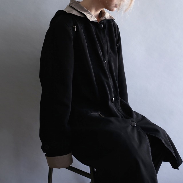 zip-up and button high-neck coat with hoodie and liner