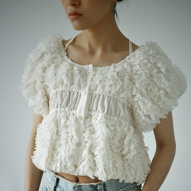 Ribbon Frill Puff Sleeve ショートブラウス [26010402]