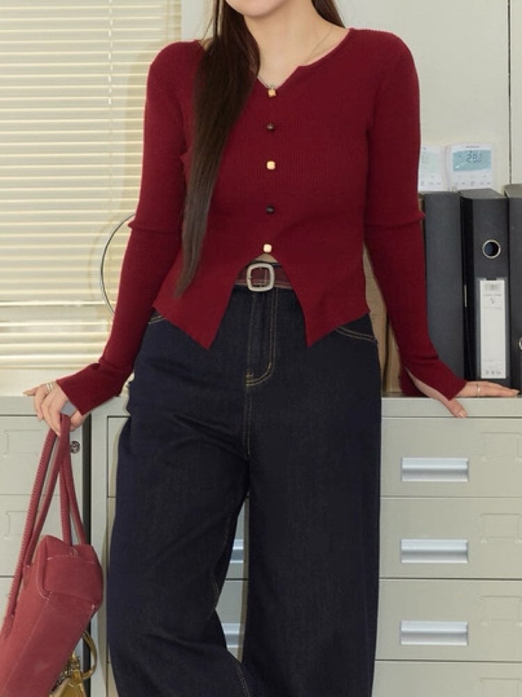 大人カジュアルなアクセントが魅力 ウッド釦リブニットトップス 長袖 リブ おしゃれ 大人 きれいめ カジュアル Vネック 細見え 大きいサイズ 韓国 CH11116