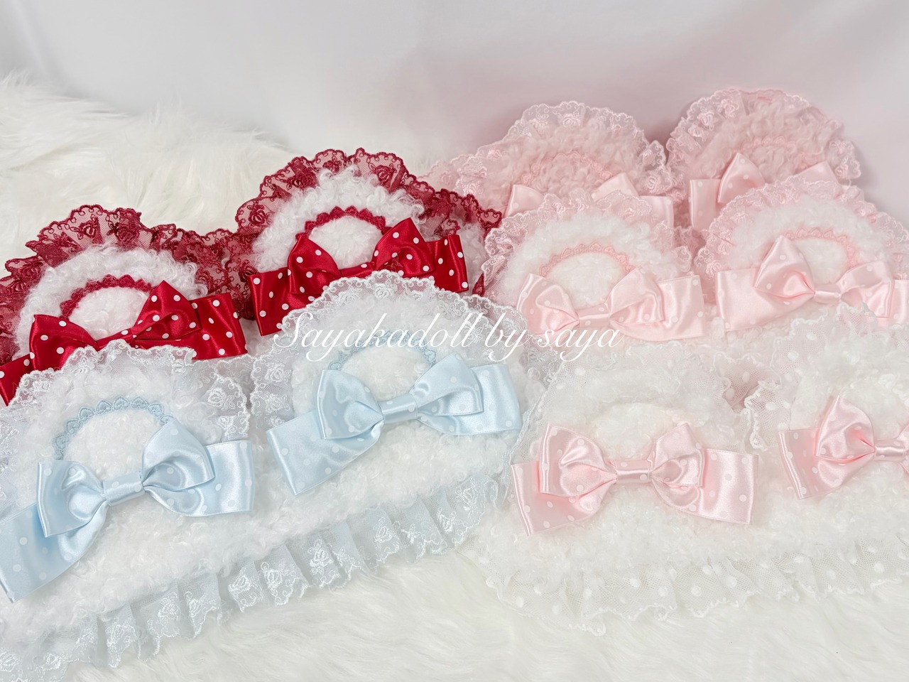 ♡【全4色】MAID もこもこくまさん ドット柄リボン フリルレースヘッドドレス white×pink ♡