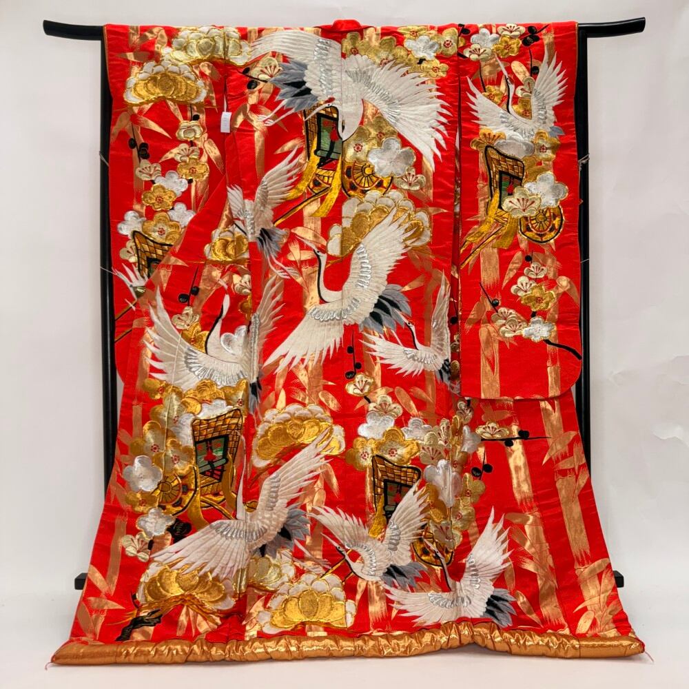 色打掛 正絹 鶴 刺繍 赤 打掛 花嫁衣裳 ポリエステル リサイクル 中古 ブライダル ウエディング 着物 6629