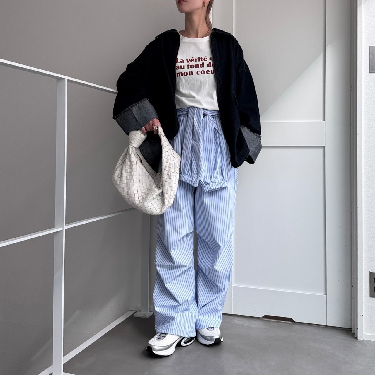 ウエスト巻きデザインストライプPT/ブルー