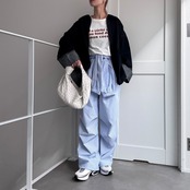 ウエスト巻きデザインストライプPT/ブルー