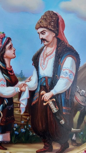 【コサックと少女】ペトリキウカ塗りのプレート　40cm