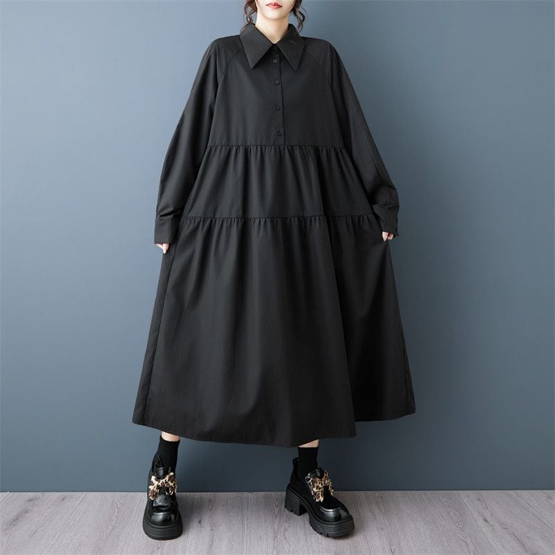 ASYMMETRIC TIERED LONG SLEEVE SHIRT DRESS M-18301