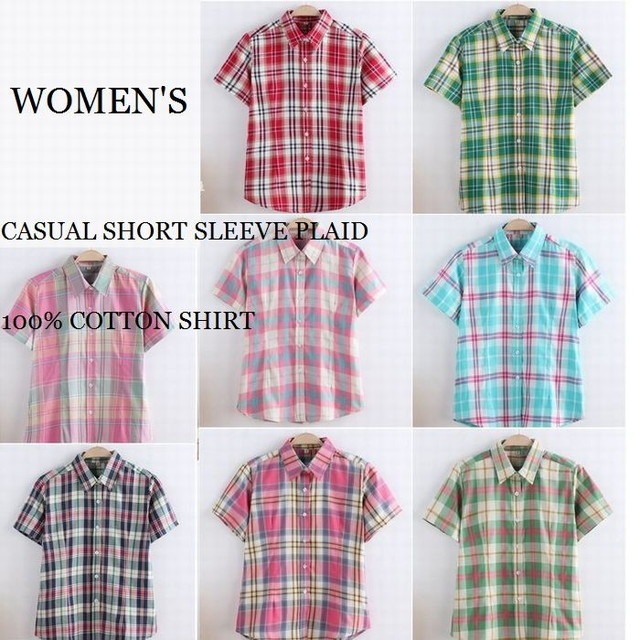 CASUAL SHORT SLEEVE PLAID 100% COTTON SHIRT / カジュアル半袖チェック柄コットンシャツトップスレディースブラウス (ABB01-B20)