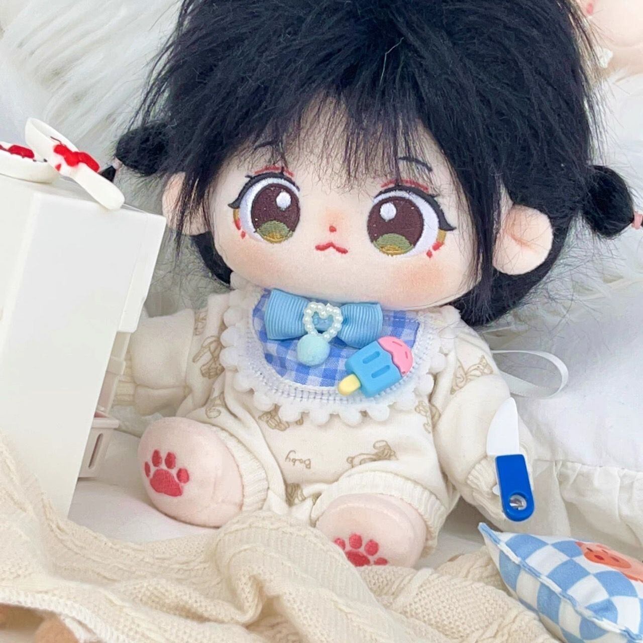 10cm.15cm.20cm】 ぬい服 かわいい ブルー チェック柄のスタイ 青色