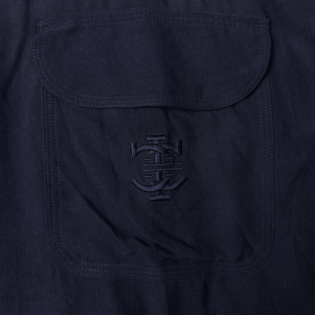 ICEBERG アイスバーグ シルク100% ロゴ刺繍 半袖ワークシャツ L/ネイビー