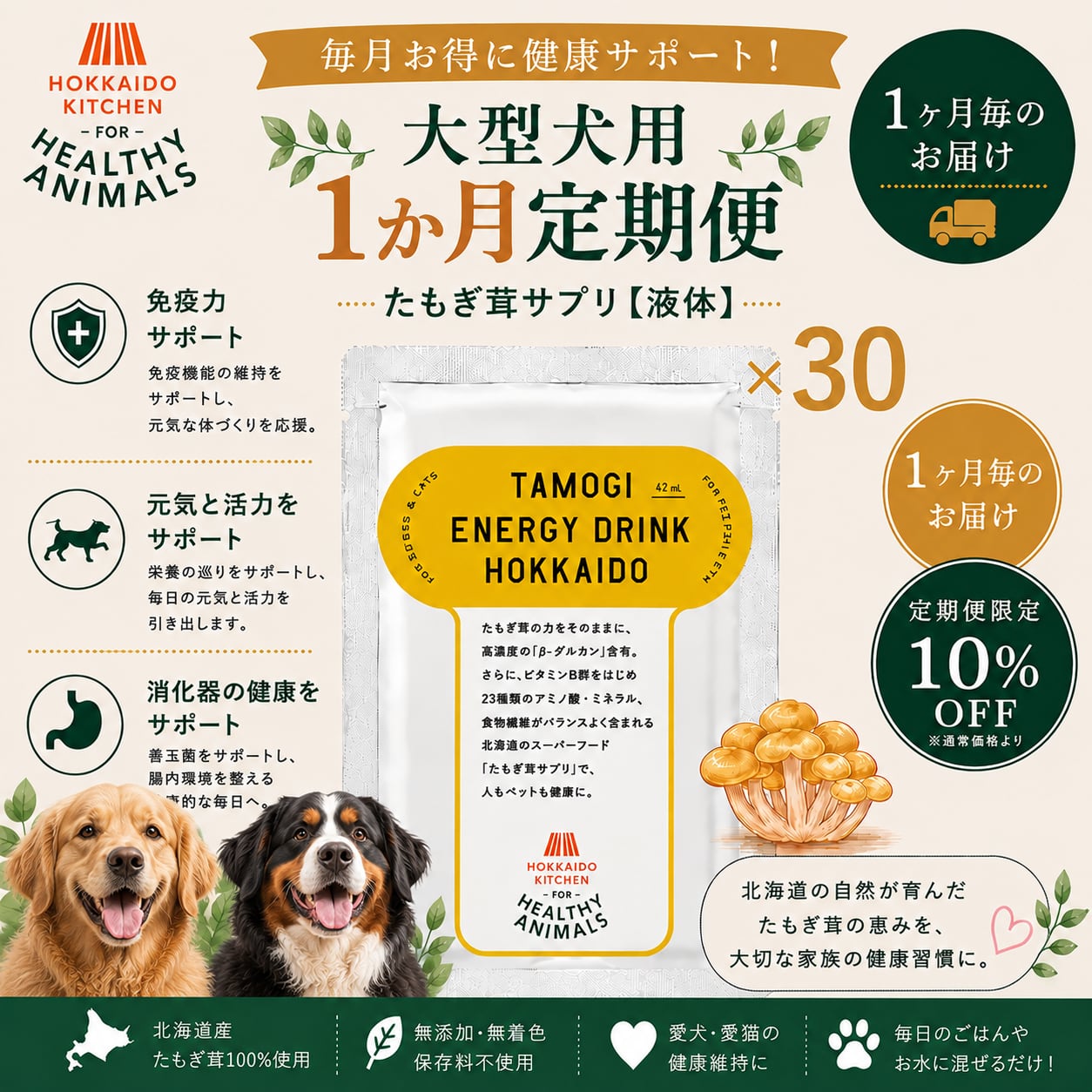 【大型犬の約1か月分/30袋 定期便10%OFF・送料無料】北海道産 たもぎ茸濃縮エキス 液体タイプ×30袋|約1か月分 β-グルカン 健康維持 シニア|ヘルシーアニマルズ