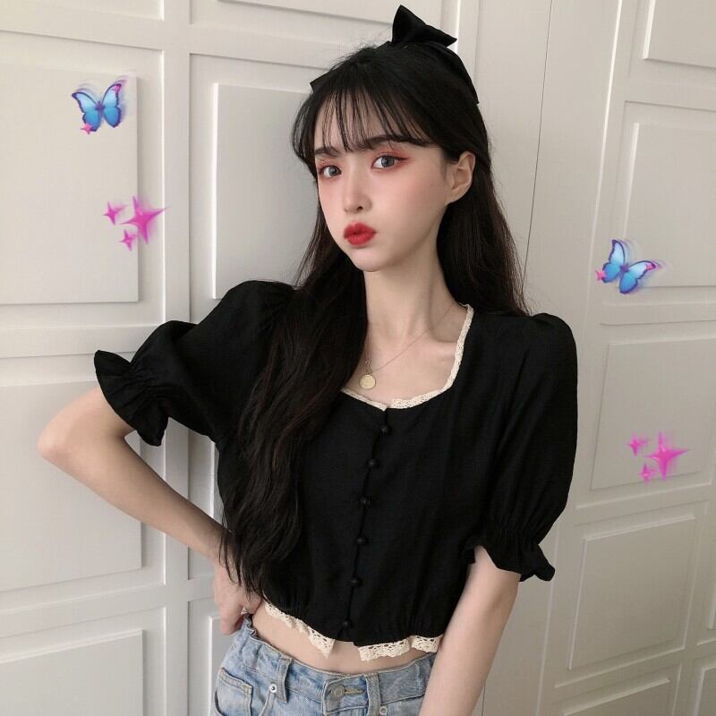 パフスリーブトップレディースサマードレス2020新入生レースステッチスクエアネック半袖半袖シャツトレンド 1号婦人55926672771