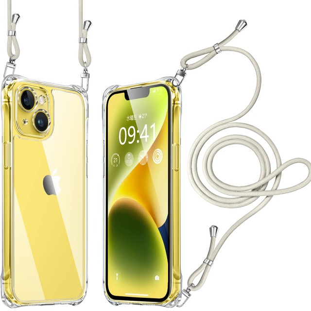 iPhone 14 ケース クリア ショルダー 耐衝撃 レンズ保護 肩掛け 首かけ 斜めがけ 縄掛け カバー 調節可能な 透明 落下防止 縦/横 紛失防止 2WAY (ホワイト)