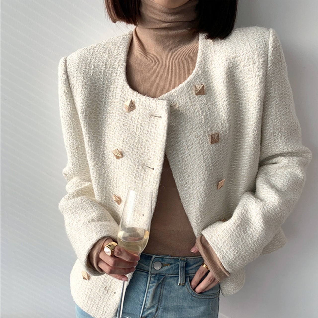 スクエアゴールドボタンツイードジャケット【060113】 | ROSE AURA