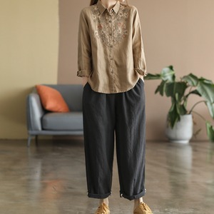 フラワー刺繍ピュアリネンシャツ 5color A00909