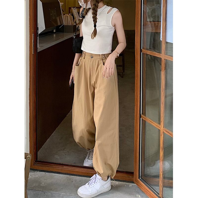 ハイウェストパンツ サマー薄手ブラックオーバーオール ルーズカジュアル 夏物 アジャスタブル 萌量不足80812249852