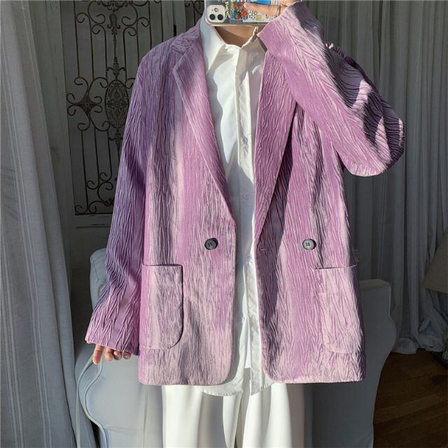 【予約販売】ジャケット メンズ レトロ シワ加工 光沢感 ブラック ホワイト ブルー パープル 個性的 こなれ感 お洒落 パーティー 結婚式 二次会 パーティー エレガント カジュアル 韓国 トレンド 春 M/L/XL/2XL