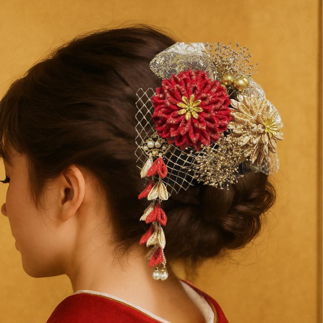 紅金花（べにきんか）｜赤×金のつまみ細工髪飾りセット（成人式・卒業式・結婚式に）紅金花・画像7